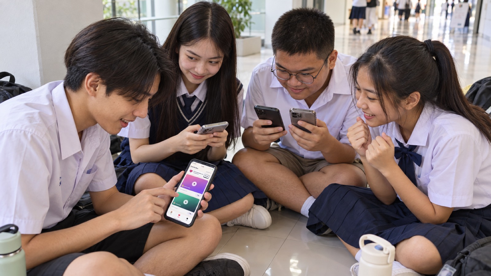 นักเรียนสี่คนนั่งล้อมวงโหวตคลิปในแอป