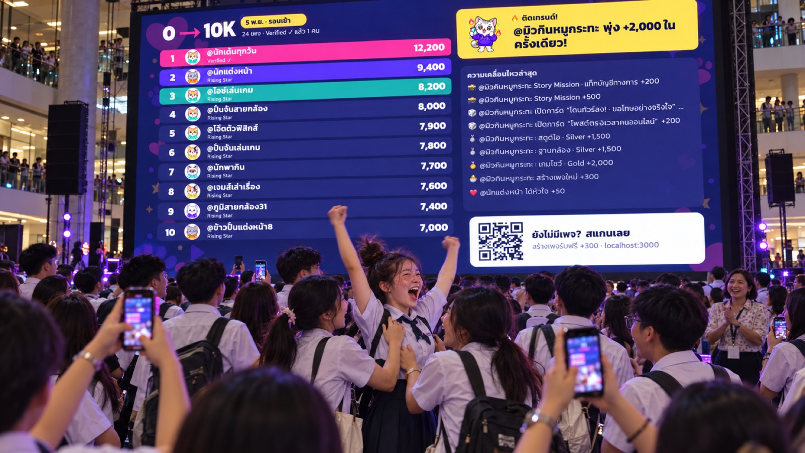 ฝูงนักเรียนเชียร์หน้าจอ Leaderboard ขนาดใหญ่