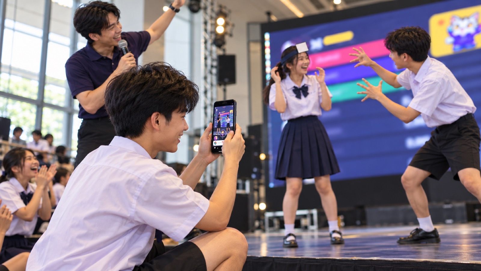 นักเรียนถ่ายคลิปแนวตั้งของเพื่อนบนเวที
