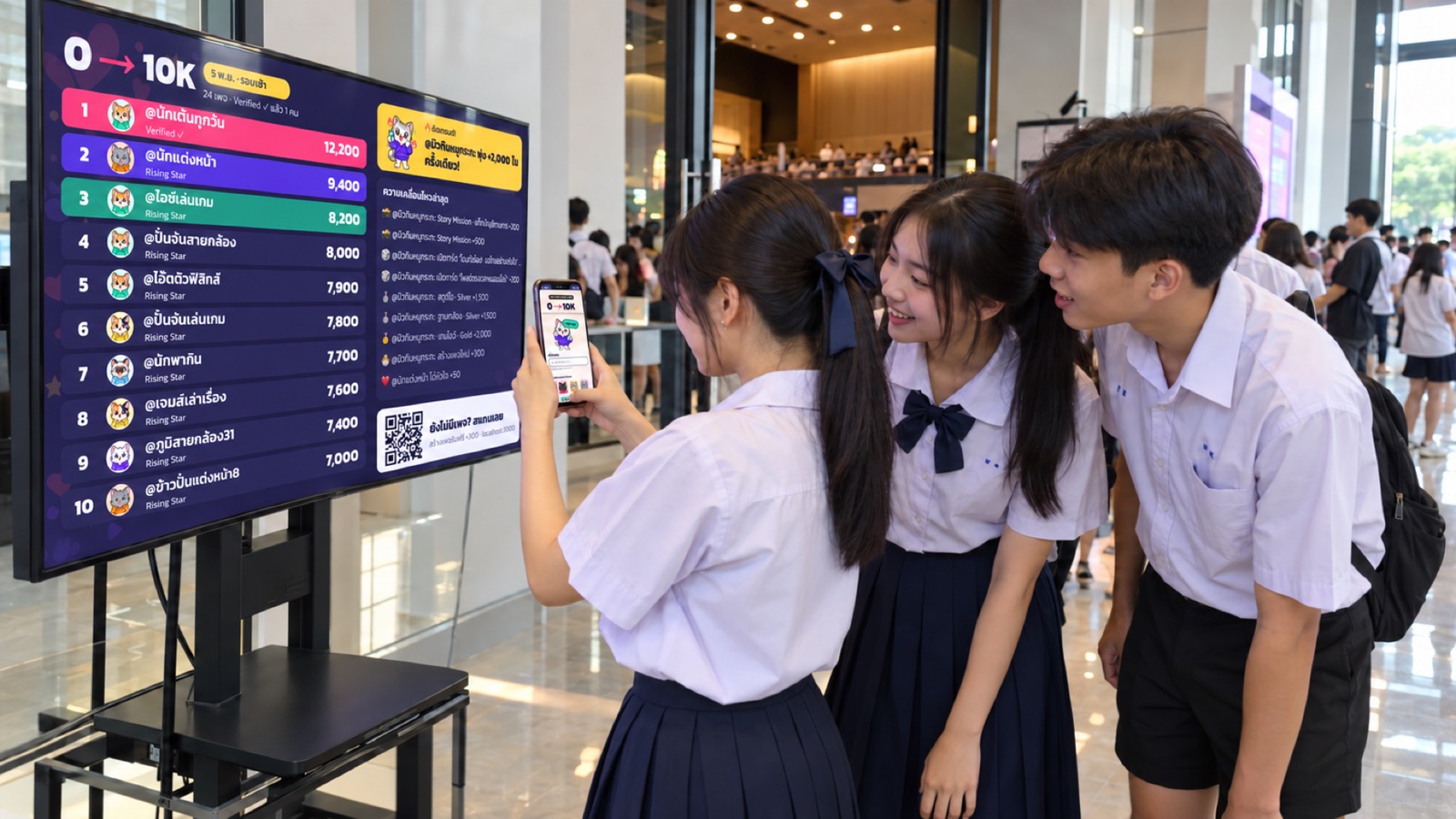 นักเรียนสามคนยืนสแกน QR จากจอ Leaderboard ในงาน